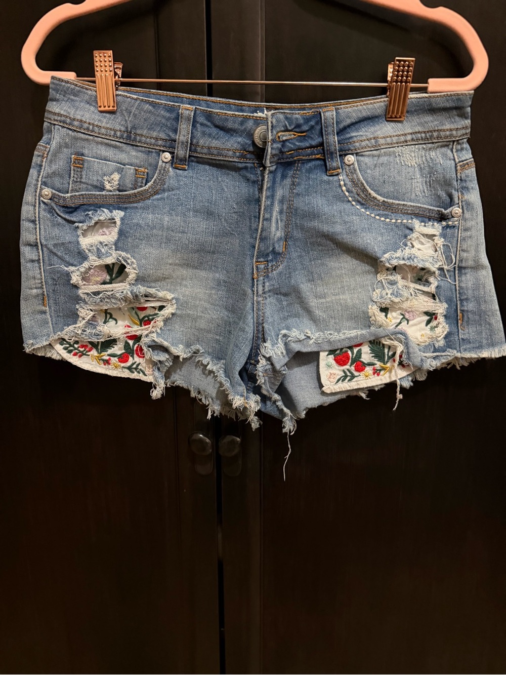 Almost Famous Light Blue Distressed Denim Shorts with Floral Embroidery